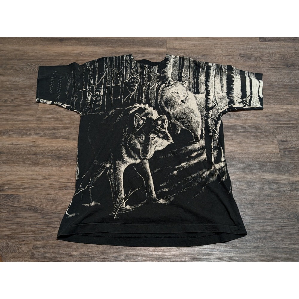 Vintage Fruit of the Loom Wolves AOP Harlequin T-Shirt XL Made in USA Black AOP